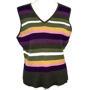 Striped Cotton Sweater Vest V Neck Olive Purple Ribbed Large
